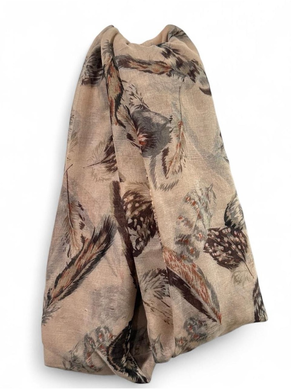 Feather Print Lightweight Scarf in Beige and Brown